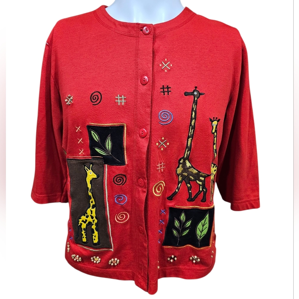 🦒 Onque Casuals Red Giraffe Embroidered Button‎ Front Cardigan Top Women’s M